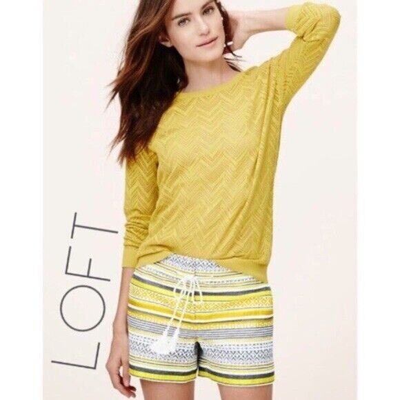 LOFT Striped Tassel Drawstring Shorts Gray Yellow Metallic Mid Rise Womens 2 - Picture 8 of 8